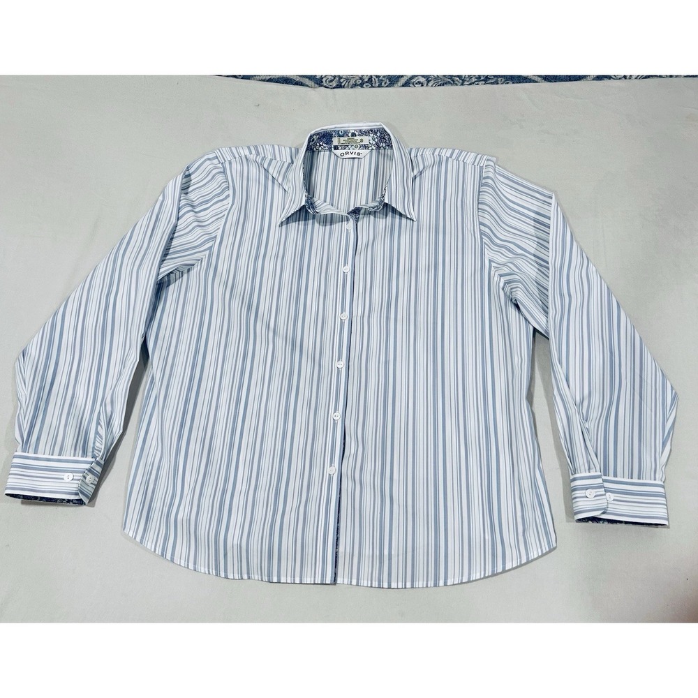 Orvis Carefree Cotton Blend Womens Blue Striped Contrast Collar Cuff Shirt Sz 20 - Picture 3 of 10